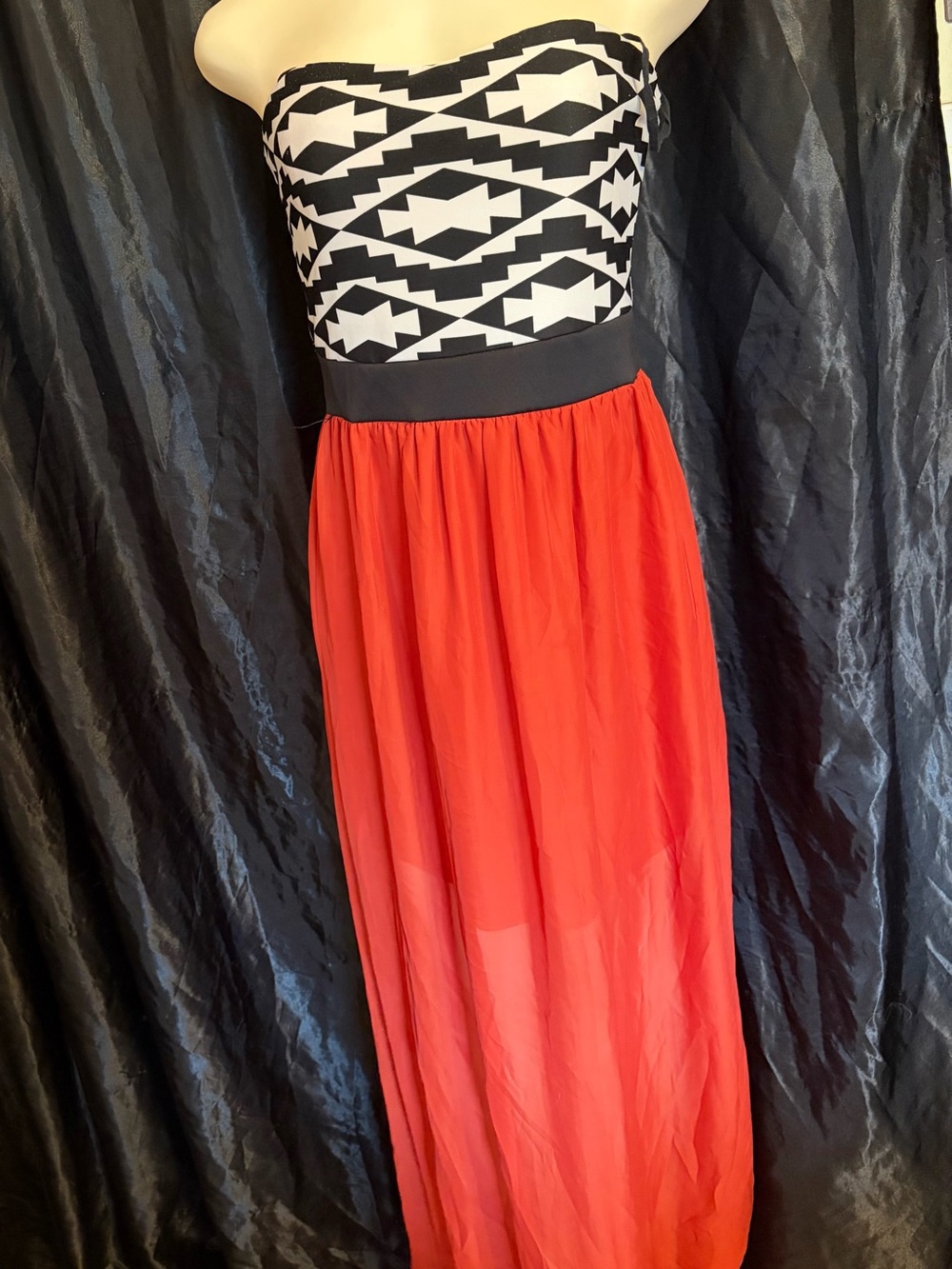 Shasa Strapless Aztec Bandeau Top with Red Maxi Skirt